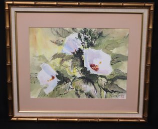 Asian Framed Floral Print In Beautiful Gilded Bamboo-Style Frame