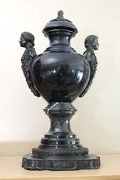 Neoclassical Style Black Marble Urn With Lid And Caryatid Handles.
