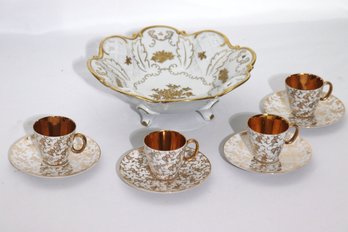 Rosenthal Pierced Edge Porcelain Bowl With Gold And Bavarian Gilt Espresso Cups And Saucers.