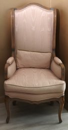French Style Skinny Back Wing Chair In A Light Pink Moire, Silk Fabric.
