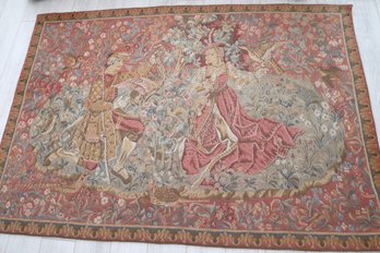 Vintage French Jacquard Tapestry Wall Decor, Of Renaissance Scene Featuring Couple In Period Dress, And Falcon