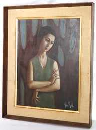 Oil On Canvas Painting Of Melancholy Young Woman With Abstract Tree In Background, Signed Allen Brent.