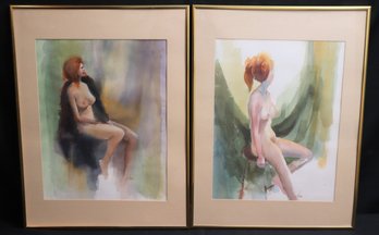 Pair Of Tasteful Nude Woman Water Color Paintings By Elina Maurer