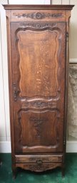 Vintage French Country Style Carved Wood Linen Cabinet With Lock And Key