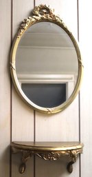 Vintage Hollywood Regency Style Wall Mirror And Small Wall Shelf In Gilded Finish