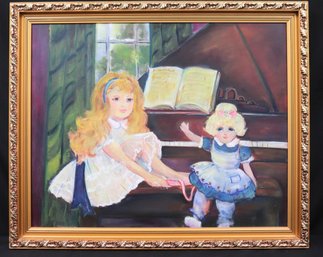 Vintage Framed Painting Of Young Girl By The Piano