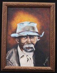 Canvas Portrait Painting Of An Older Man With Blue Hat Signed By The Artist James M. Jones