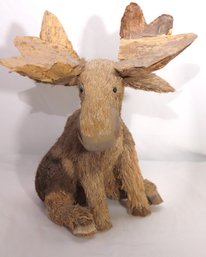 Cute Little Vintage Sitting Moose Decor Made From Paper Mch And Straw Like Materials