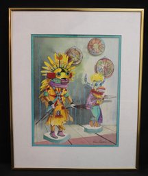 Framed Vibrant Watercolor Painting Featuring Two Kachina Figures By Artist Elina Maurer