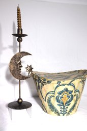 Vintage Hand Painted Papier Mch Basket, Includes A Cute Little Moon Candle Holder