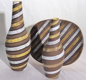 Vintage Ingrid Atterburg Signed Spiral Pottery Vases And Matching Platter Made In Sweden