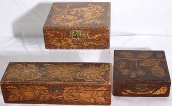Ornate Vintage Pyrography Art Trinket Boxes Including Flemish Art