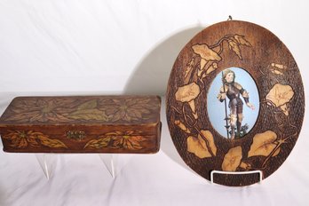Ornate Vintage Flemish Art Pyrographic Art Picture Frame, Includes Pyrographic Floral Art Box