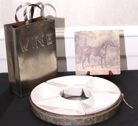 Audreys Serving Dish With 5 Removable Inserts, Metal Wine Bag Decor And Studio Verte Stallion Trivet