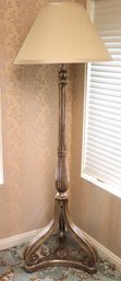 Traditional Antique Style Carved Wood Floor Lamp With Subtle Metallic Wash.