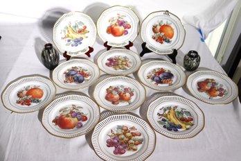 Set Of 12 Pierced Edge Fruit Plates From Bavaria, Germany, And Two Vintage  Glasses With Silver Overlay Design