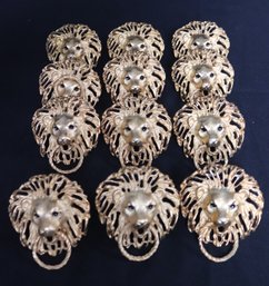 Set Of 12 Large Gold-Tone Roaring Lion Head Napkin Rings