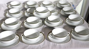 Raynaud, Limoges France Green And Gold Rimmed Bullion Bowls, And Under Plates.