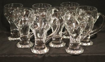 Set Of 8 Curvy Glass Beer Mugs With Handles By Colony, Made In Romania.
