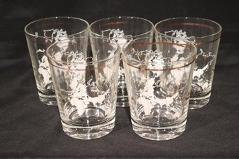 Set Of 5 Vintage World Map Glasses With Gold Trim.