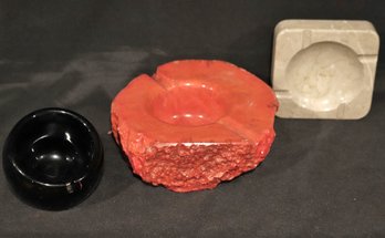 Three Mid- Century Modern Ashtrays, Two Natural Stone, One Black Glass.