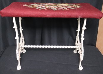 Antique Wrought Iron Window/Vanity Bench With Floral Motif Needlepoint Seat