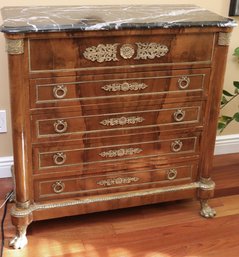 Gorgeous Vintage Neoclassical Chest Of Drawers With A Beveled Marble Top And Ornate Brass Marquetry Accents