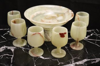 Set Of 6 Fine Polished/ Carved Wine Goblets And Fruit Bowl Made From Pakistan Onyx