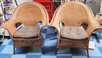 Pair Of Cozy Bohemian Style Natural Woven Wicker Armchairs