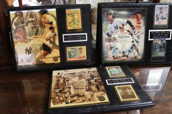 Three Collectable NY Yankee Baseball Memorabilia Cards Mounted On Wall Plaques, Babe Ruth, Mickey Mantle,Jeter