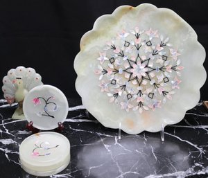 Fine Carved/ Polished Onyx From Pakistan Includes A Beautiful Inlaid Serving Dish, Coasters - Peacock Figurine
