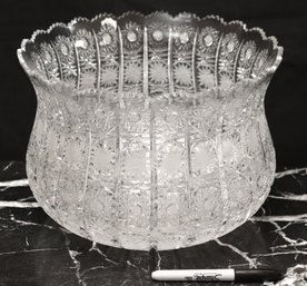 Large Fancy Brilliant Queen Lace Etched Cut Glass Lead Crystal Centerpiece Bowl Approx. 12 X 8 Inches