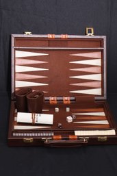 Vintage Backgammon Set With Brown Faux-Leather Case