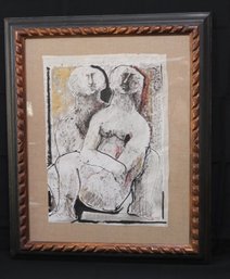 Framed Oreste Dequel Two Sitting Figures Signed Art