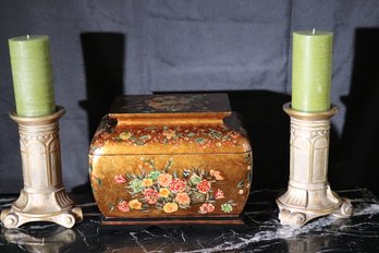 Castilian Imports Decorative Lacquered Stenciled Accent Box And Candle Pillars