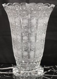 Large Fancy Brilliant Queen Lace Etched Cut Glass Lead Crystal Centerpiece Vase Stands Approx. 11 X 14 Inches