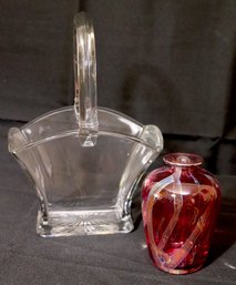 Bulls Bridge Glass Works Cranberry Bud Vase And Clear Glass Basket   ( 5424 - 5433)