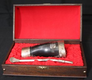 Horn Drinking Vessel With Yerba Mate Bombilla/Straw