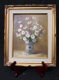 Vintage Framed Oil On Board Daisies, Clover & Trefoil Picture Signed By Artist Carolou Faller
