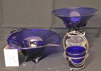 A Pair Of Cobalt Blue Hand Blown Art Glass Bowls And Preserve Basket Dish