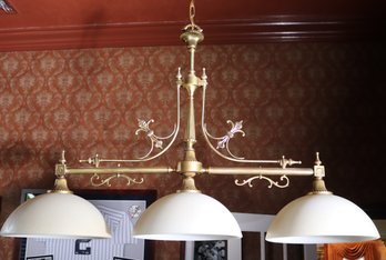 Large Substantial 3 Light Billiards Table Hollow Brass Ceiling Fixture Approx. 48 X 29 Inches