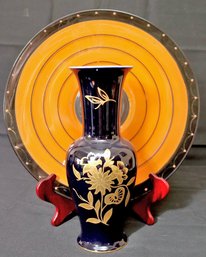 Large Orange With Black Stripes Decorative Glass Plate And JLMENAU Germany Cobalt Blue Floral Vase