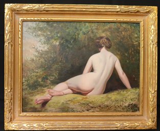 Framed Oil On Cardboard Nude Figure In A Forest Painting