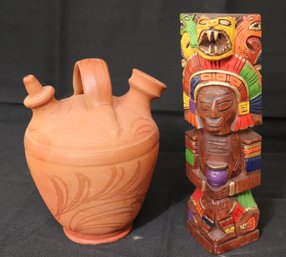 Rustic Terracotta Pottery Pitcher And Hand Carved And Painted Wooden Totem