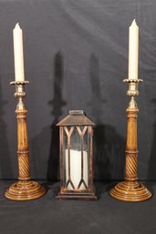 Pair Of Decorative Turned Wood Candlesticks Includes A Decorative Oil Rubbed Bronze Finished Candle Lantern