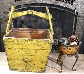 Primitive Style Wood Basket Includes A Footed Basket With Decorative Accents