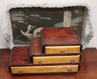 Cute Little 3-tiered Wood Jewelry Box Includes Woven Tray