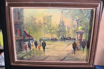 Vintage Impressionist Style Parisian Streetscape Canvas Painting Signed By Artist