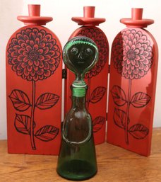 Cute Green Glass Bottle And 3 Panel Candle Holder