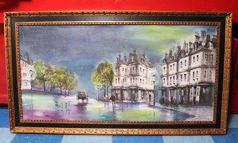 Large Vintage Night City Scene Canvas Painting